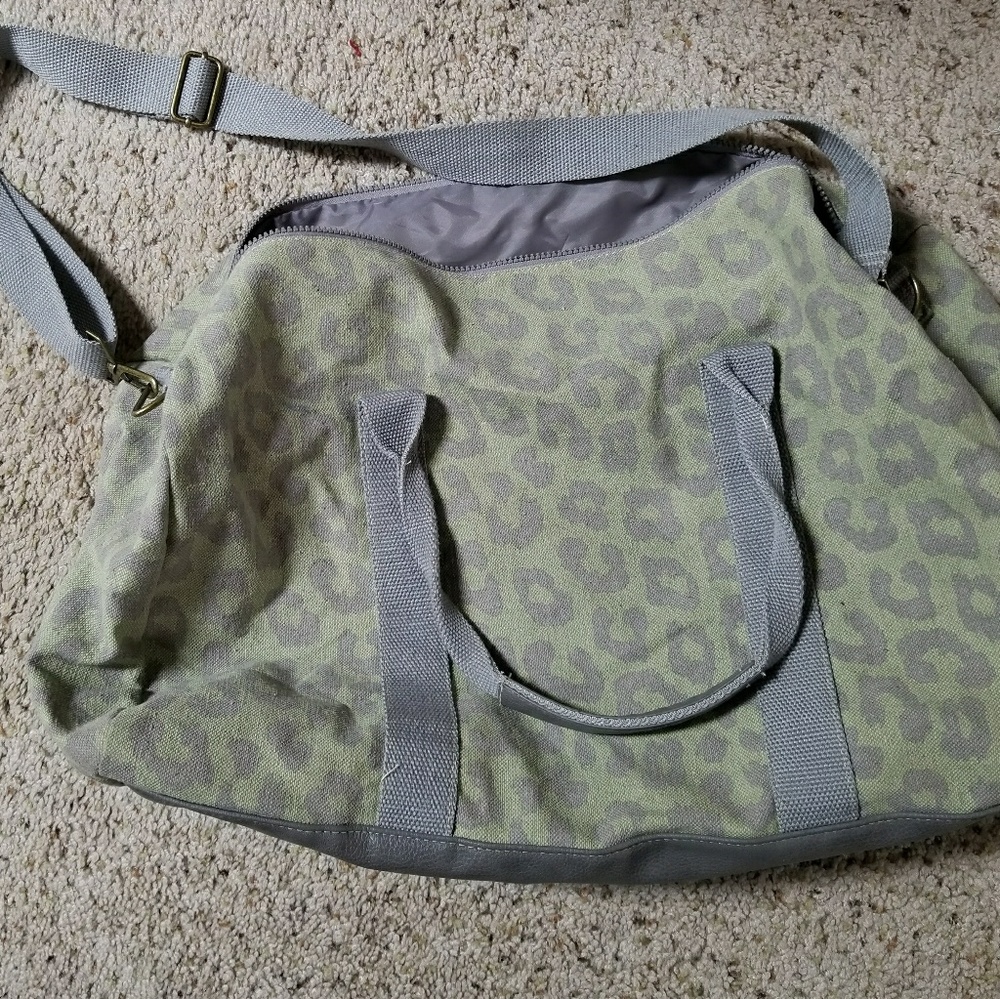 Large green and grey leopard print weekend bag